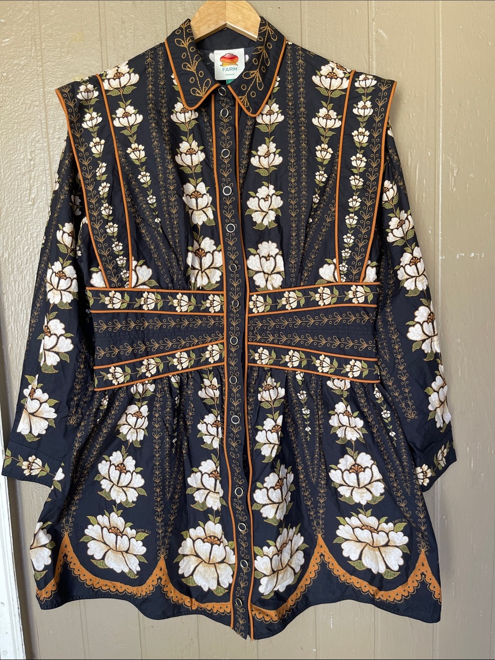FARM Rio Floral Button-Up Long Sleeve Dress in black Size L - Picture 3 of 10